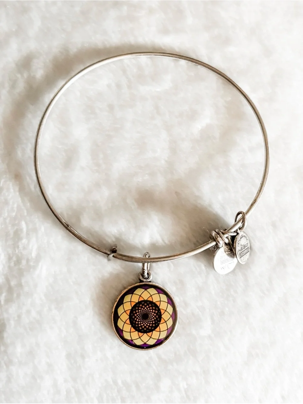 Alex and Ani Sunflower Charm Bangle Bracelet - Silver, Yellow, & Purple